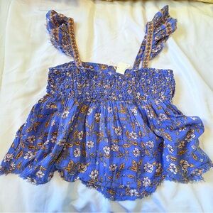 NWT Free People Large Cotton Nala Floral Babydoll Top Blue Orange Cotton